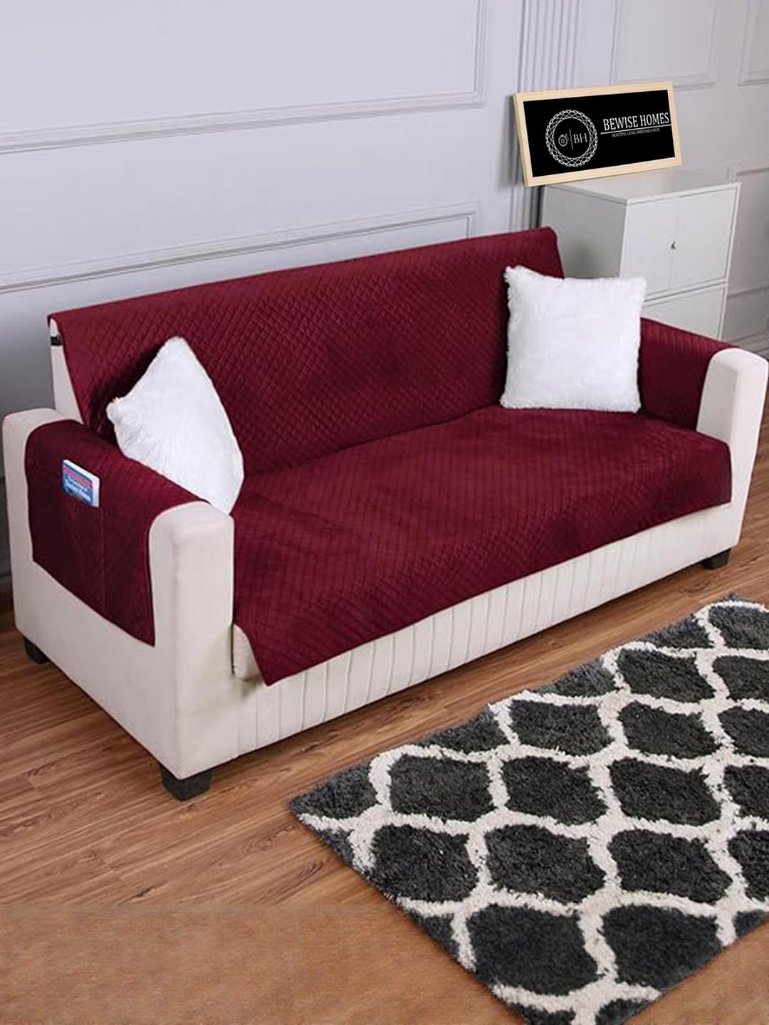 BEWISE HOMES Maroon Solid Velvet Sofa Cover With Arms