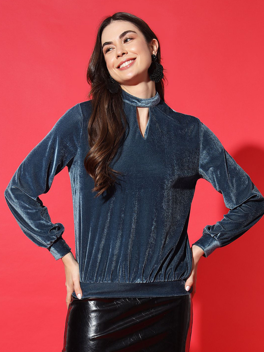 VAARARO Women High Neck Puff Sleeves Blouson Casual Top