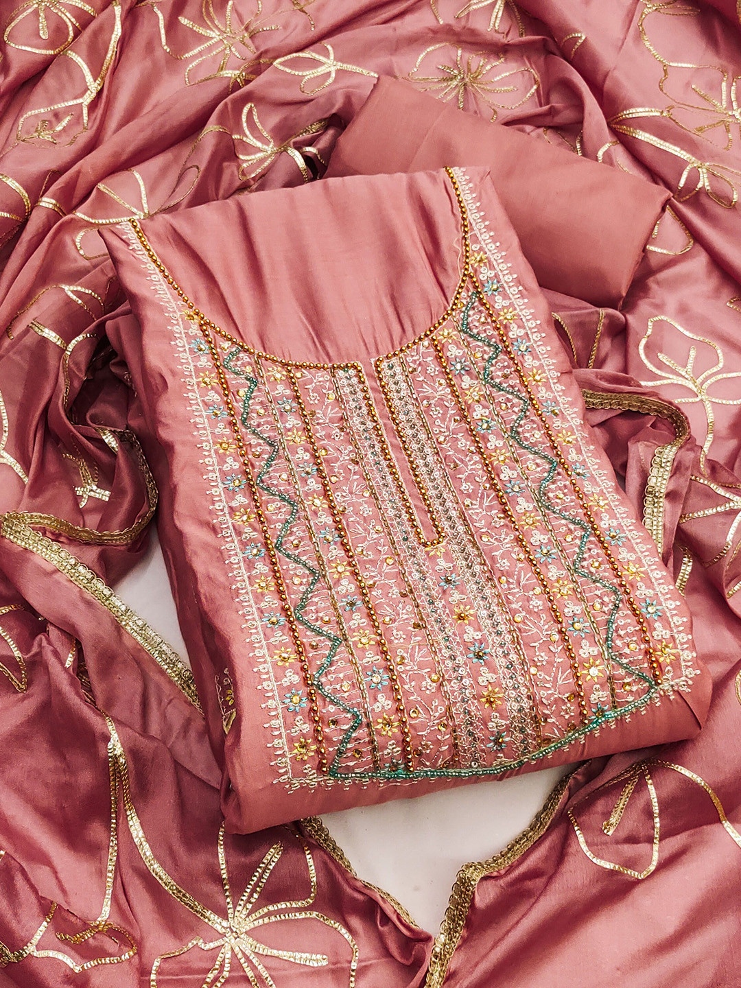 HERE&NOW Floral Embroidered Sequinned Roamn Cotton Unstitched Dress Material