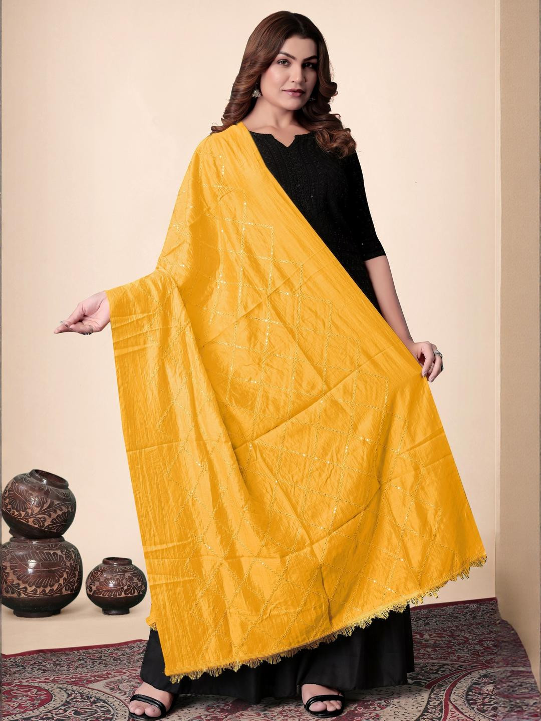 EBADAT Embroidered Yellow Cotton Dupatta