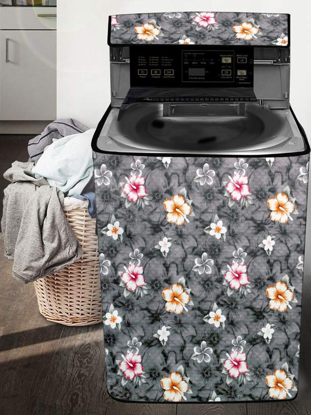 The Furnishing Tree  Floral Pattern Grey Washing Machine Cover