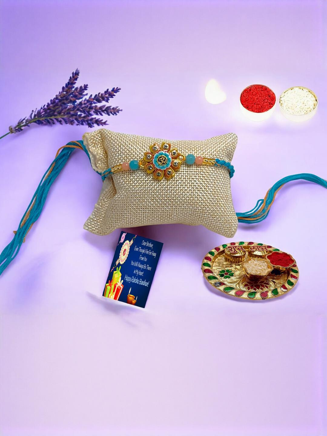 Om Metal Rakhi 4.5 Inch Plate Greeting card n Roli