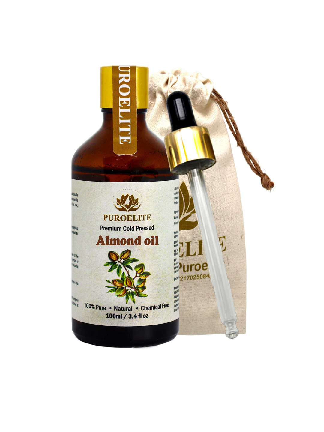 Puroelite Premium Cold Pressed Sweet Almond Oil With Dropper For Hair & Skin - 100 ml