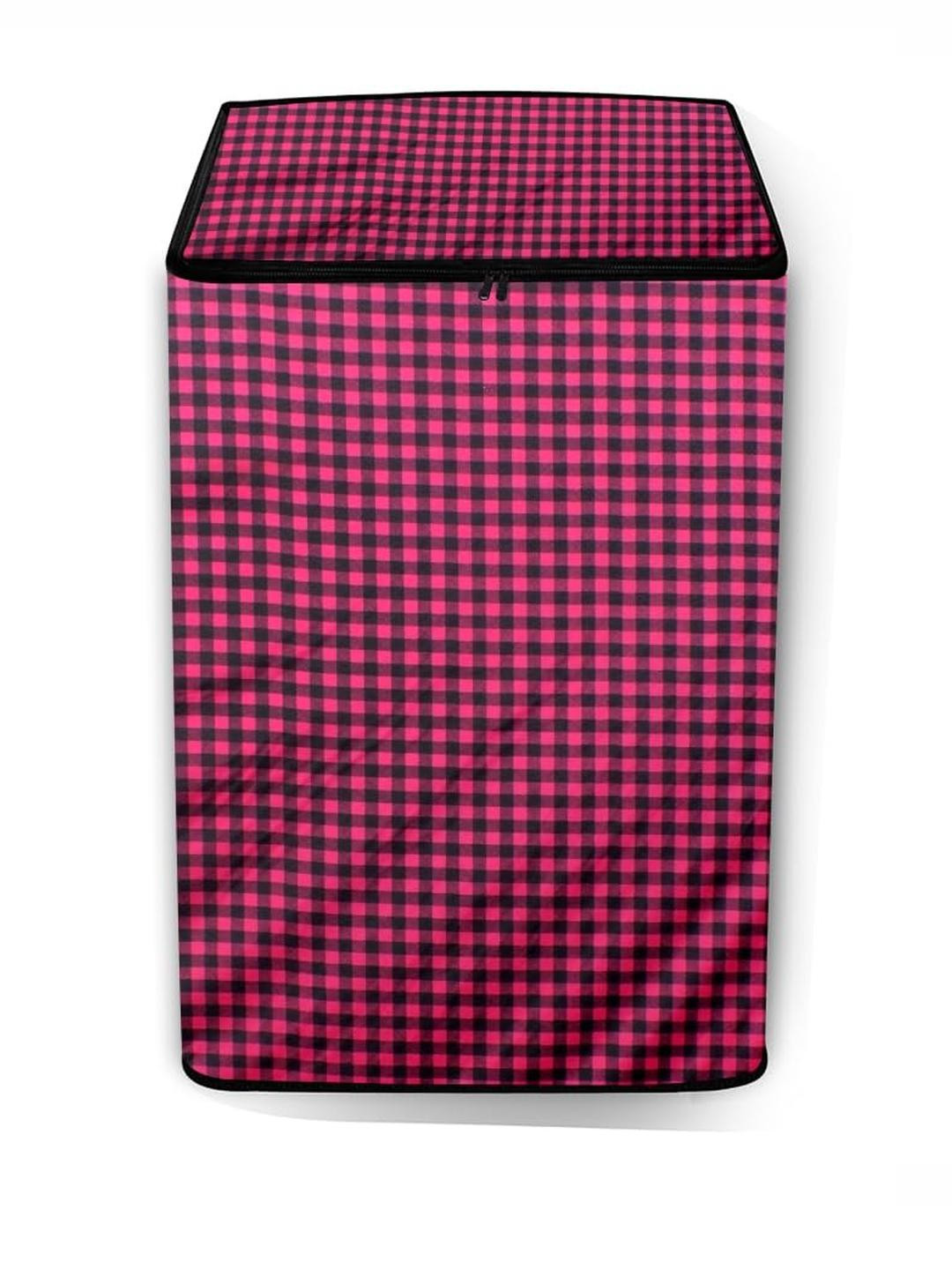 The Furnishing Tree Maroon Polyester Checked Patterned Washing Machine Cover