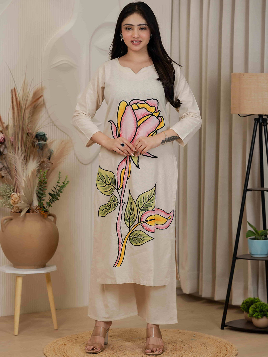 Nehamta Women Floral Printed Cotton Kurta with Palazzo