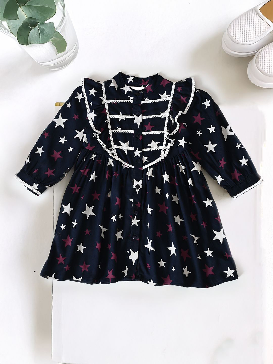 BAESD Girls Star Printed Ruffled Cotton Fit & Flare Dress