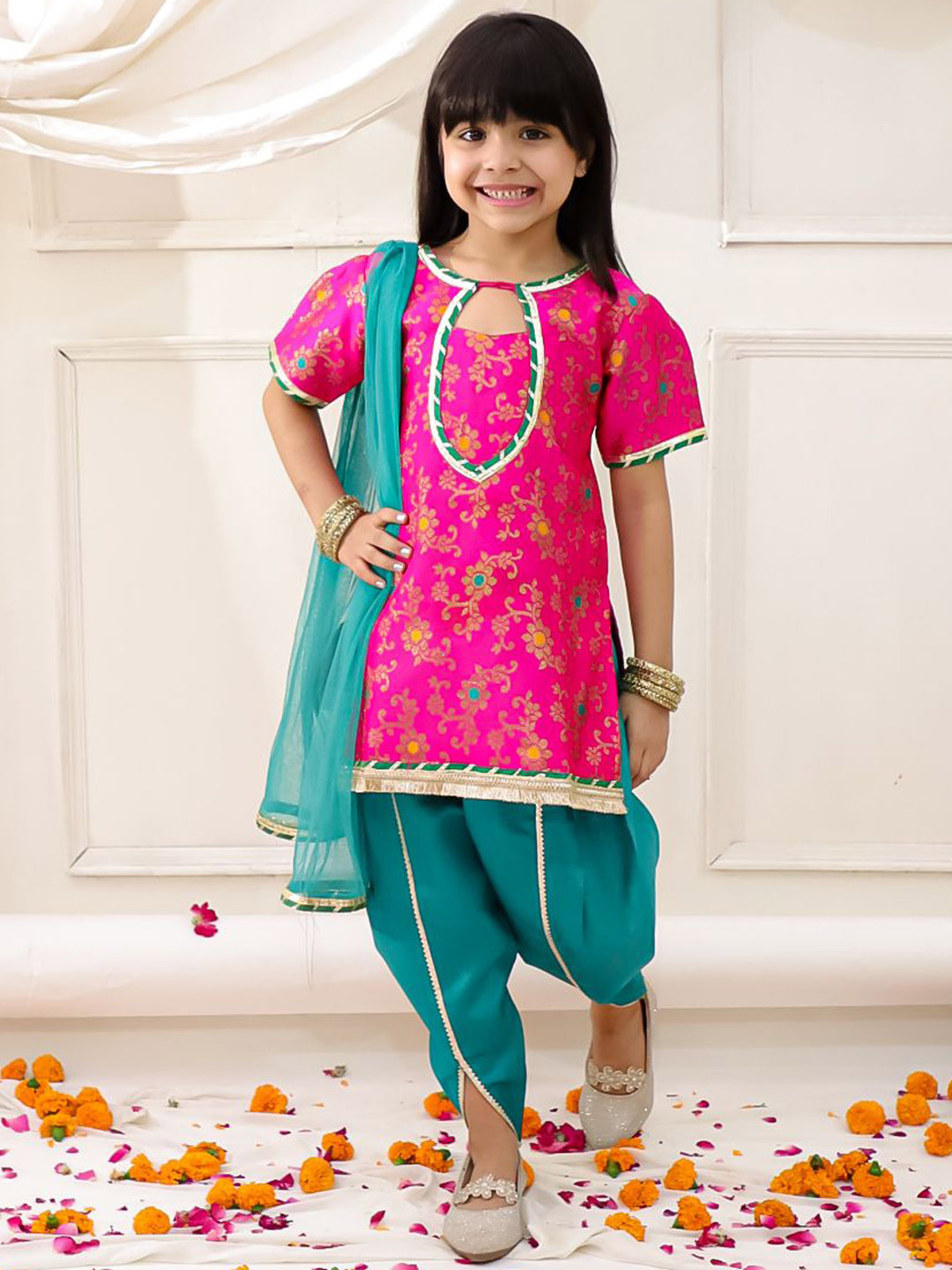 KID1 Girls Woven Design Kurti with Dhoti Pants & Dupatta