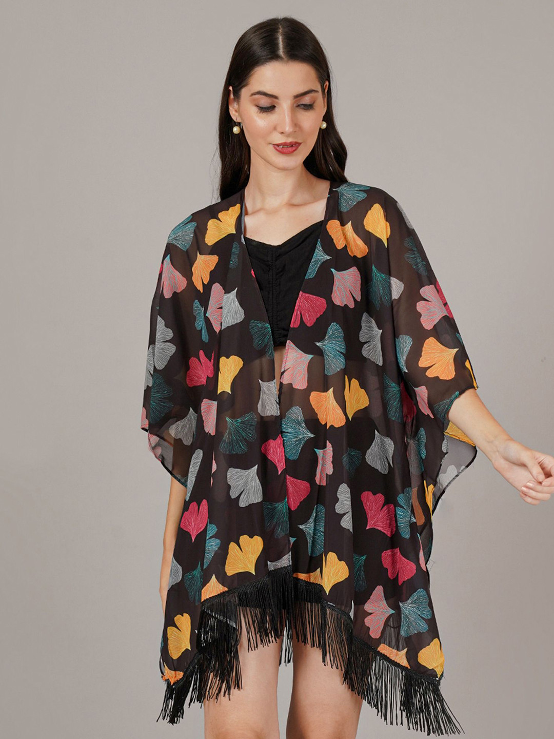 ARV TRENDS Printed Waterfall V-Neck Short Sleeves Kimono Shrug