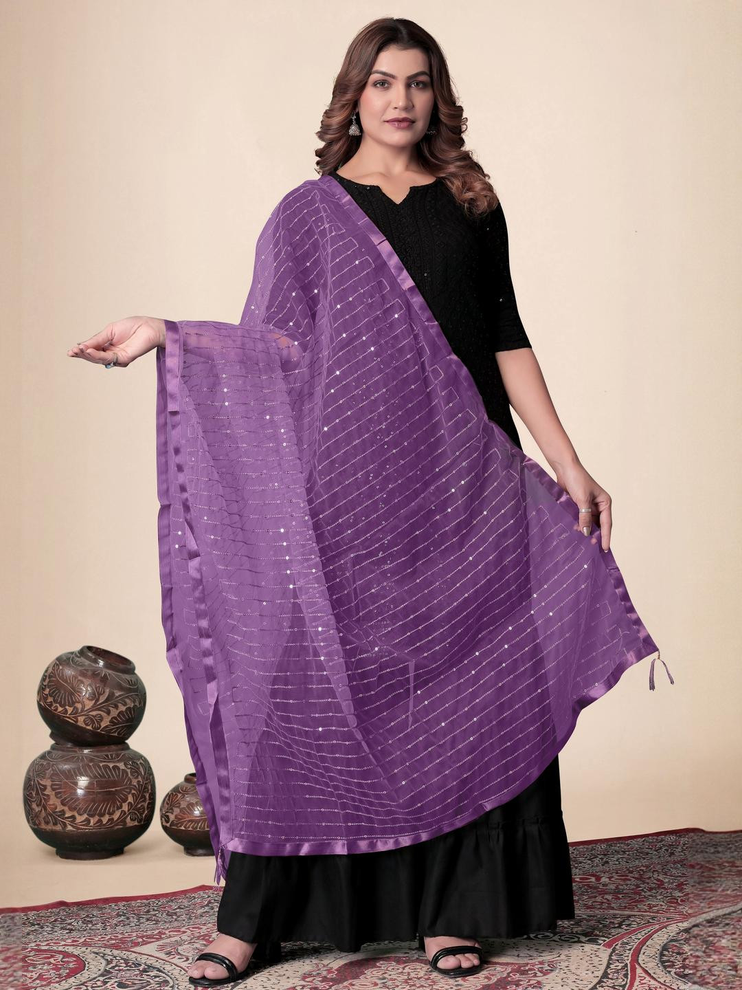 EBADAT Embroidered Purple Cotton Dupatta