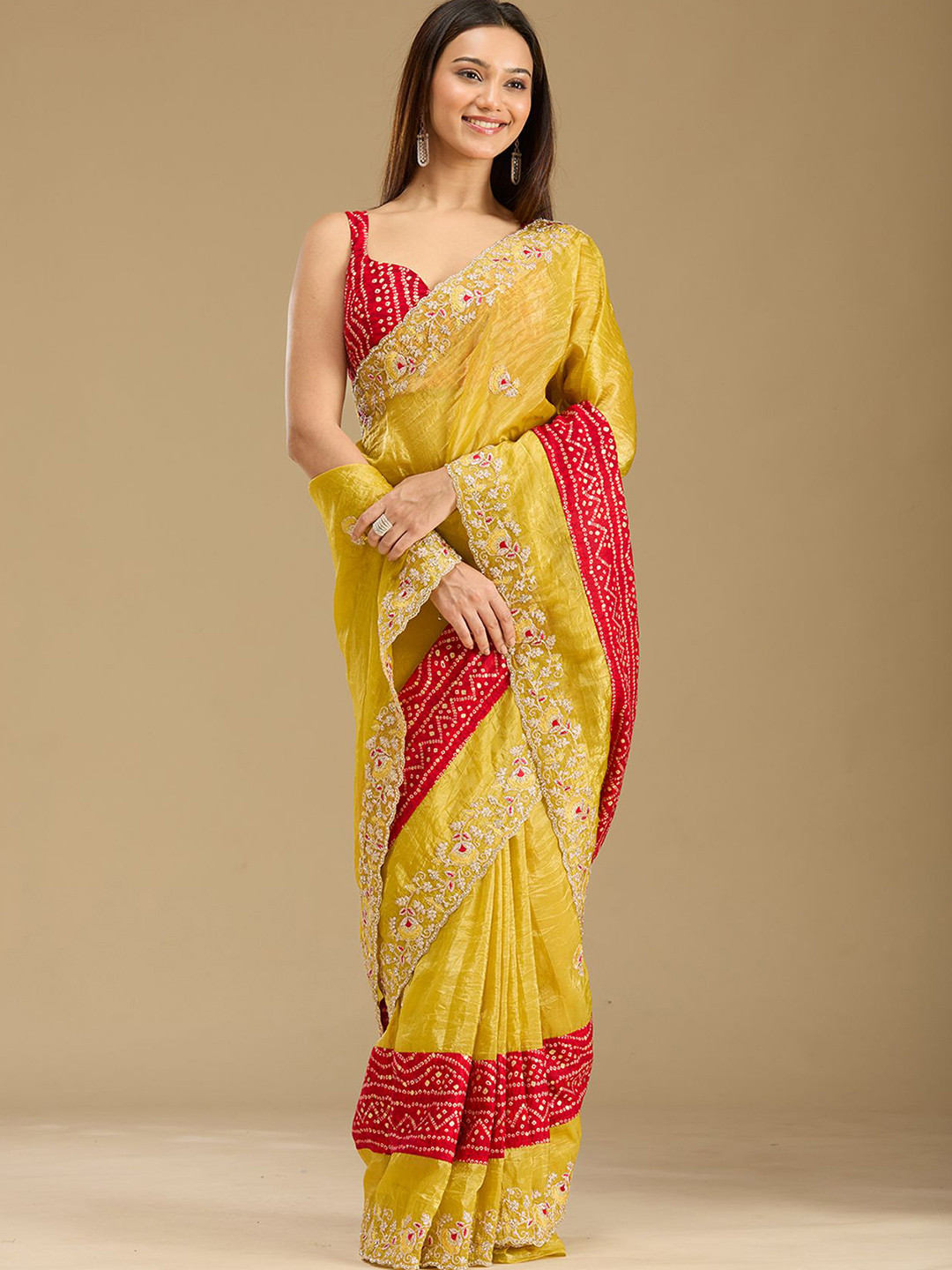 Koskii Bandhani Embroidered Mustard Zariwork (Gold) Tissue Saree With Blouse Piece