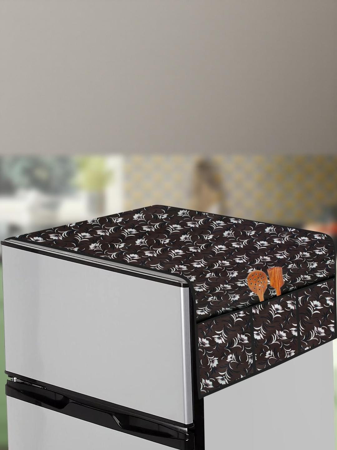 The Furnishing Tree Black Floral Print PVC Fridge Top Cover