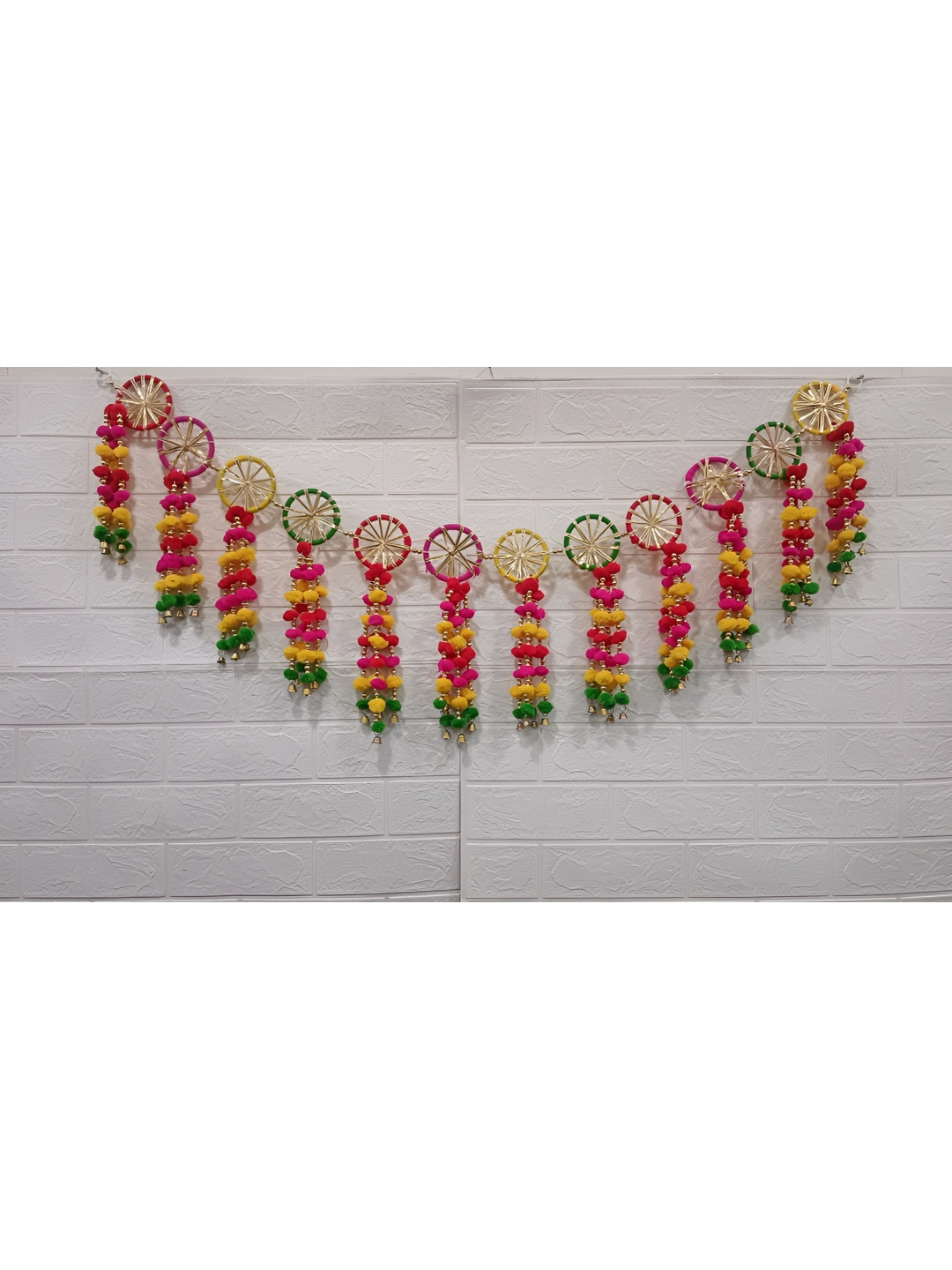 Nutts Pink & Yellow Pompom Bell Tassel Jall Chudi Bandhanwar Festive Decor