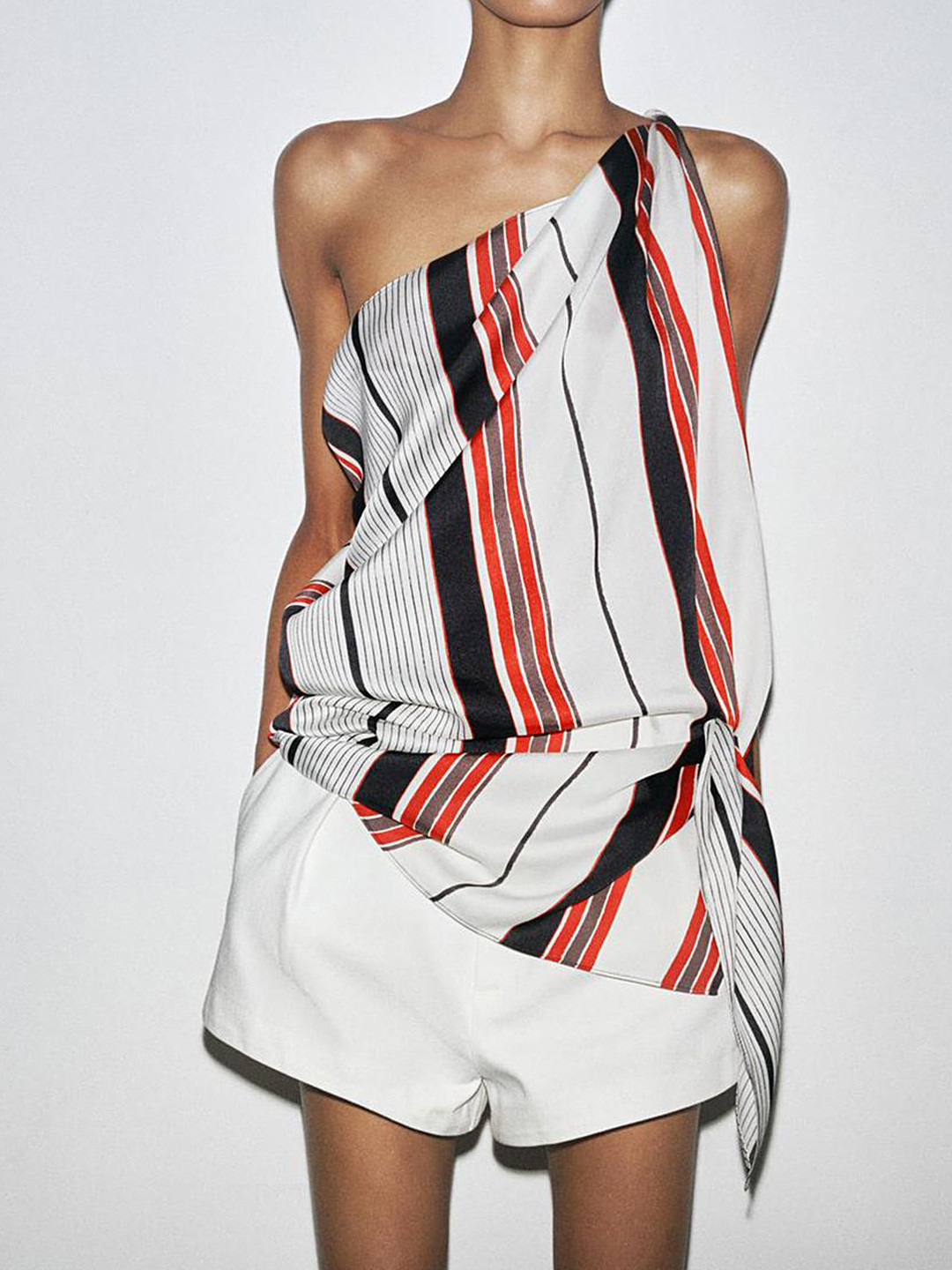 LULU & SKY Women Striped Sleeveless One Shoulder Top