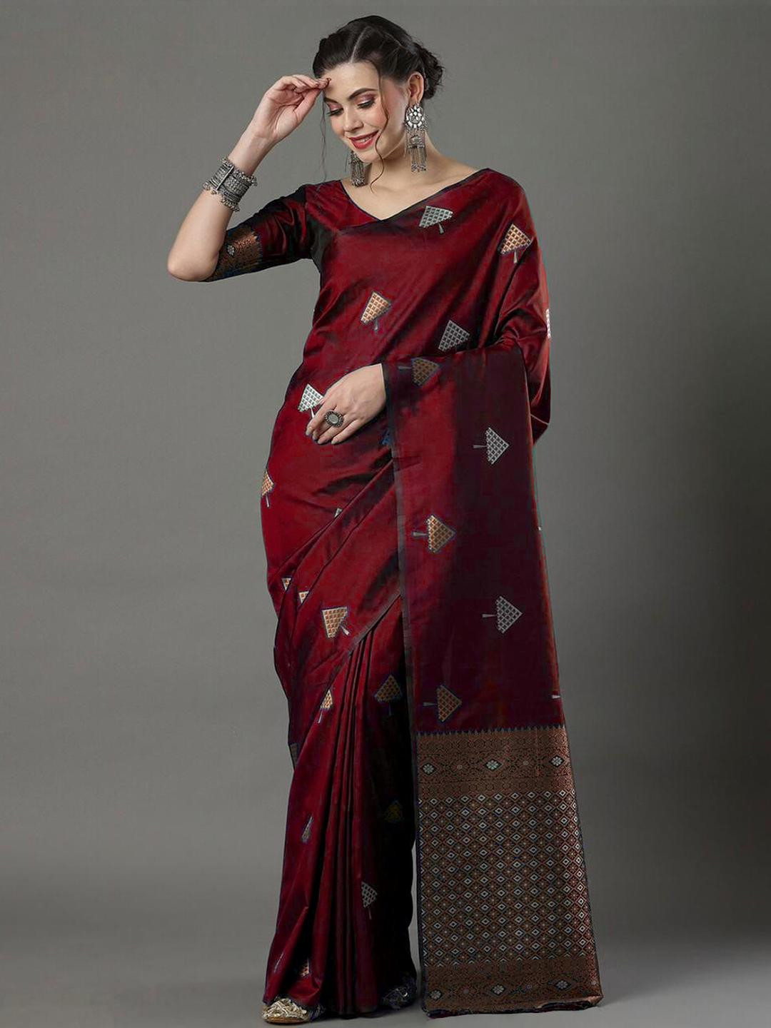 CaniBani Maroon Silk Blend Banarasi Sarees