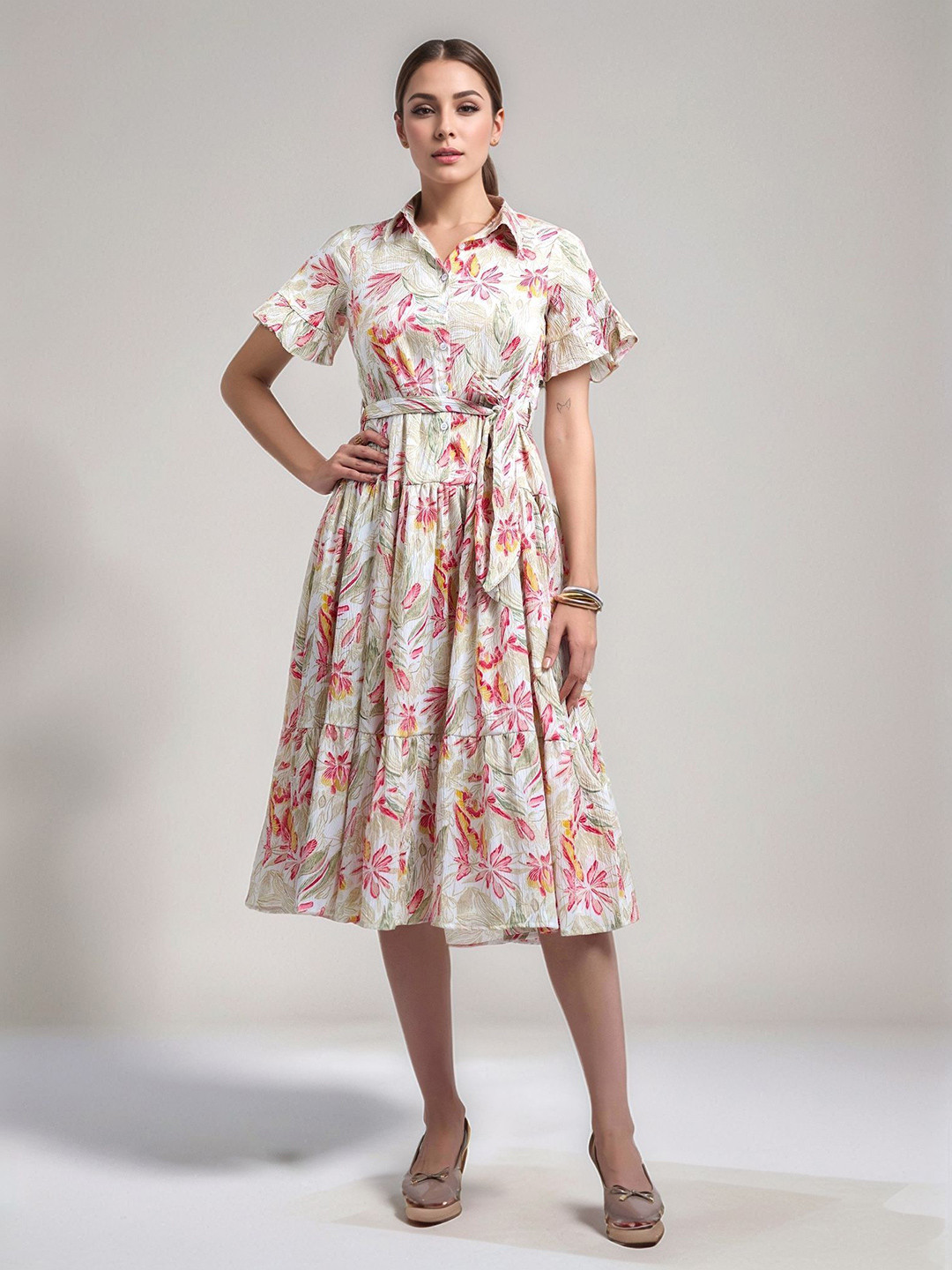 DressBerry Women Floral Print Flared Sleeve Layered Shirt Dress