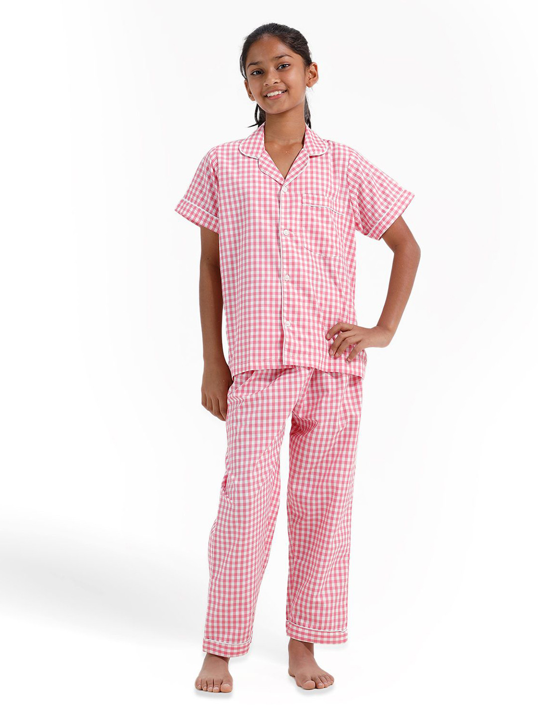CHILINS Girls Checked Shirt with Trousers Night Suit