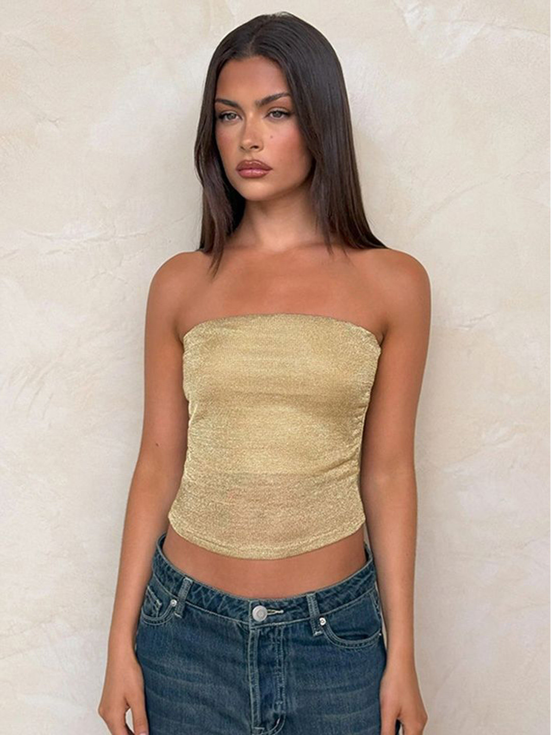 LULU & SKY Gold-Toned Strapless Crop Tube Top