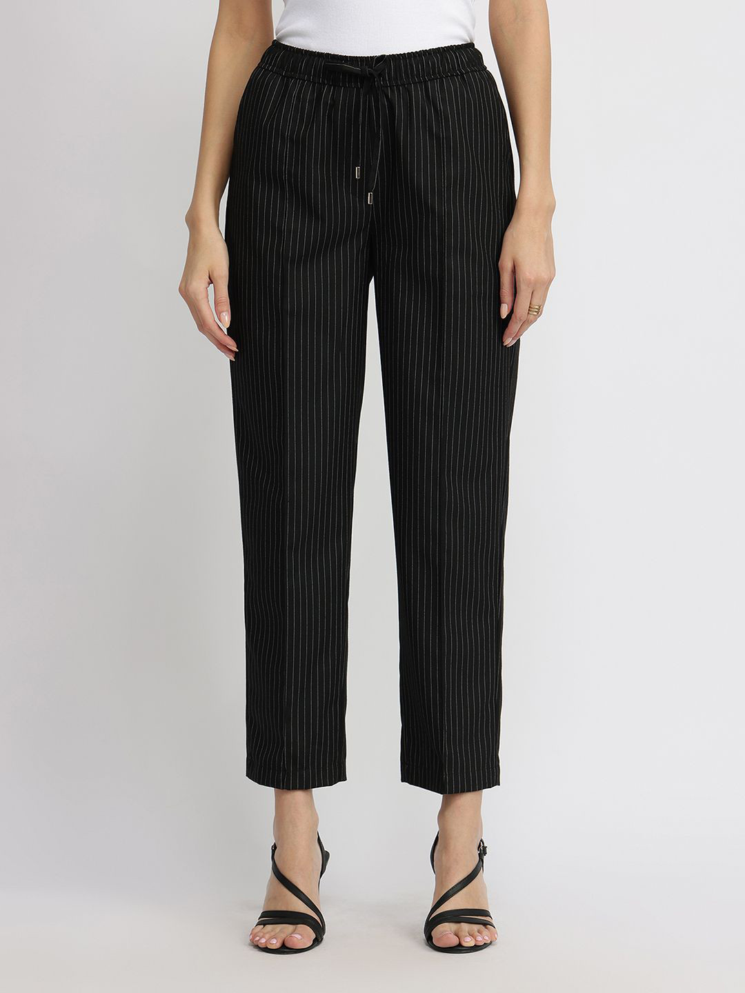 FableStreet Women Black Striped Pull-On Straight Fit Trousers