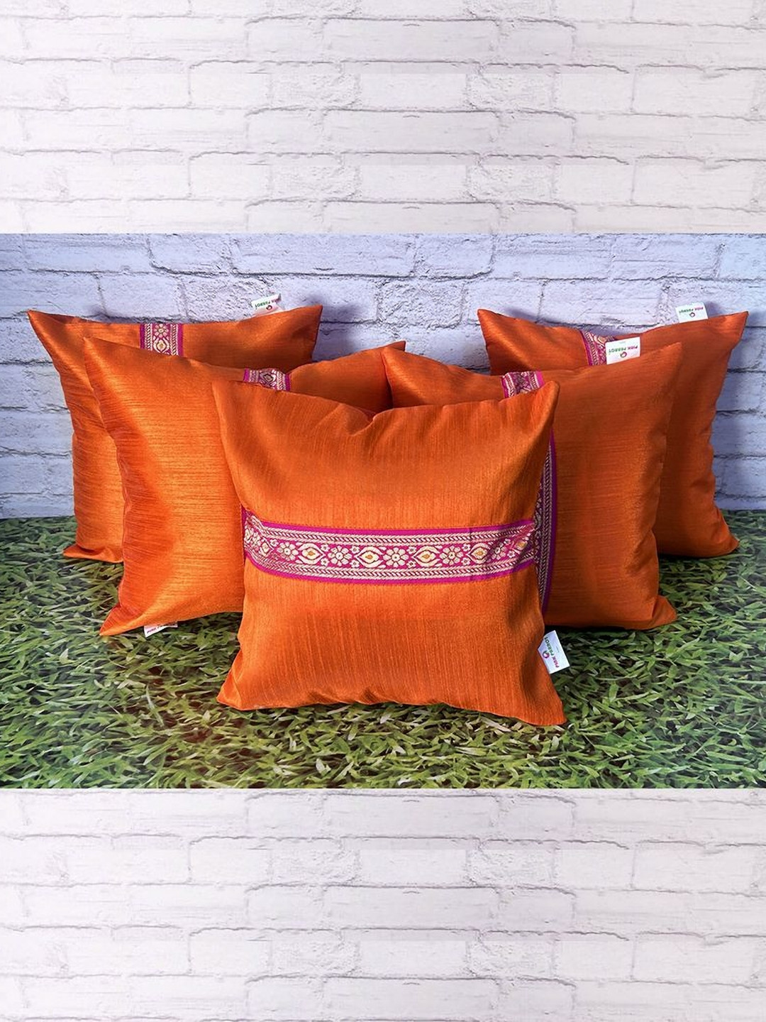 Pink Parrot Orange Colored 5 Pieces Printed Zari Jacquard Silk Square Cushion Covers
