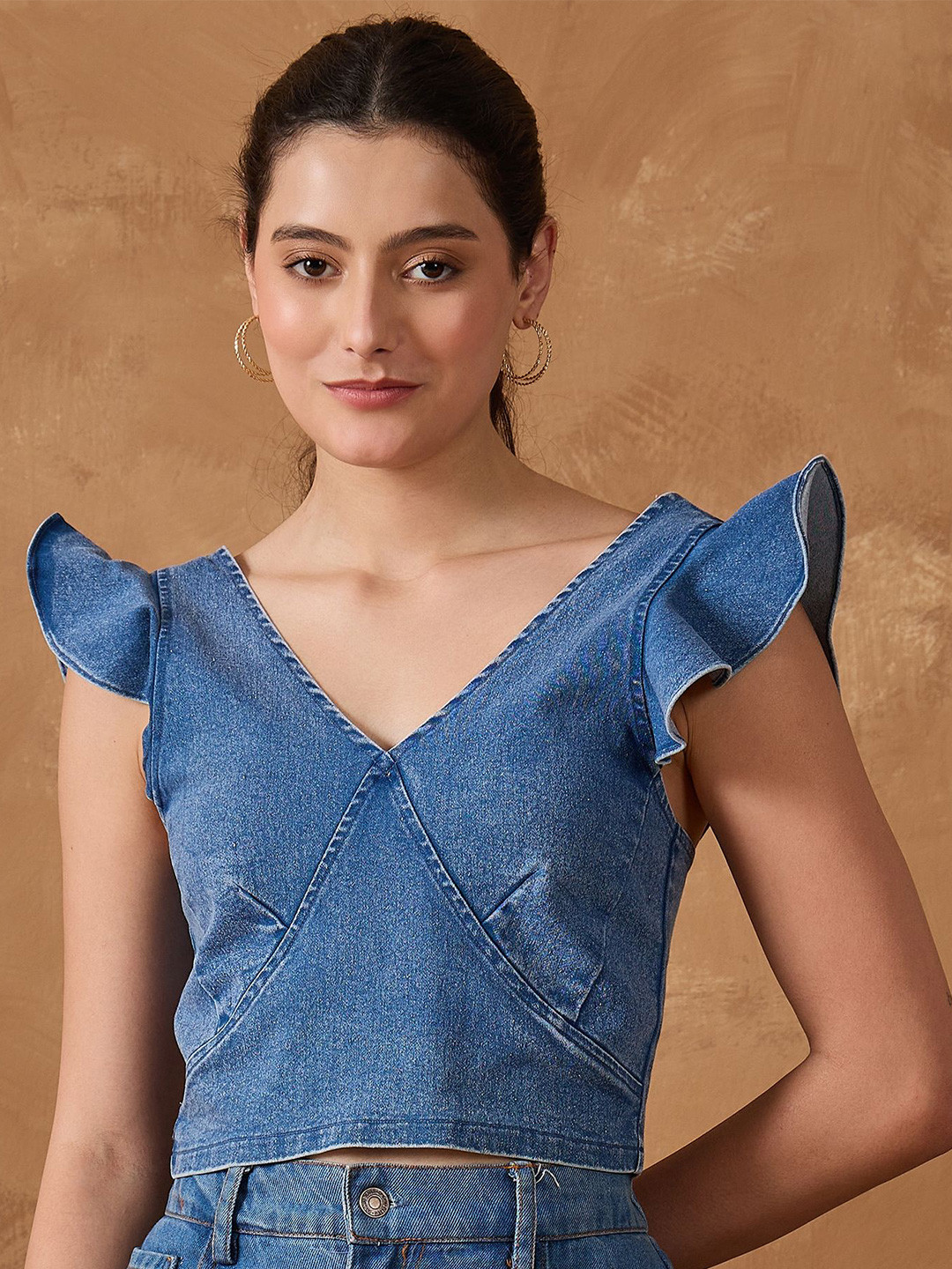 Orchid Blues Women V-Neck Flutter Sleeve Denim Fitted Crop Top