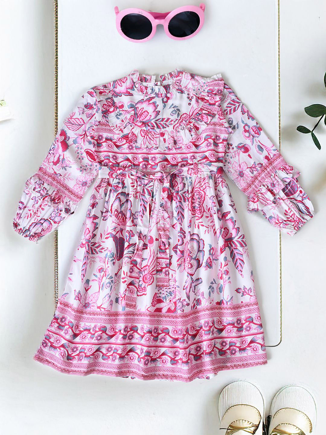 BAESD Girls Floral Printed Ruffles Puff Sleeve Ruffles Fit & Flare Dress With Belt