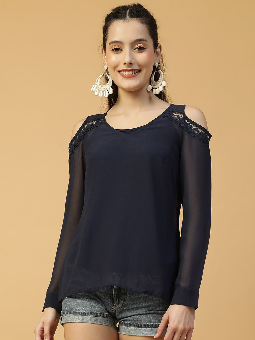 Oxolloxo Women V-Neck Cold Shoulder Lace Detail Top