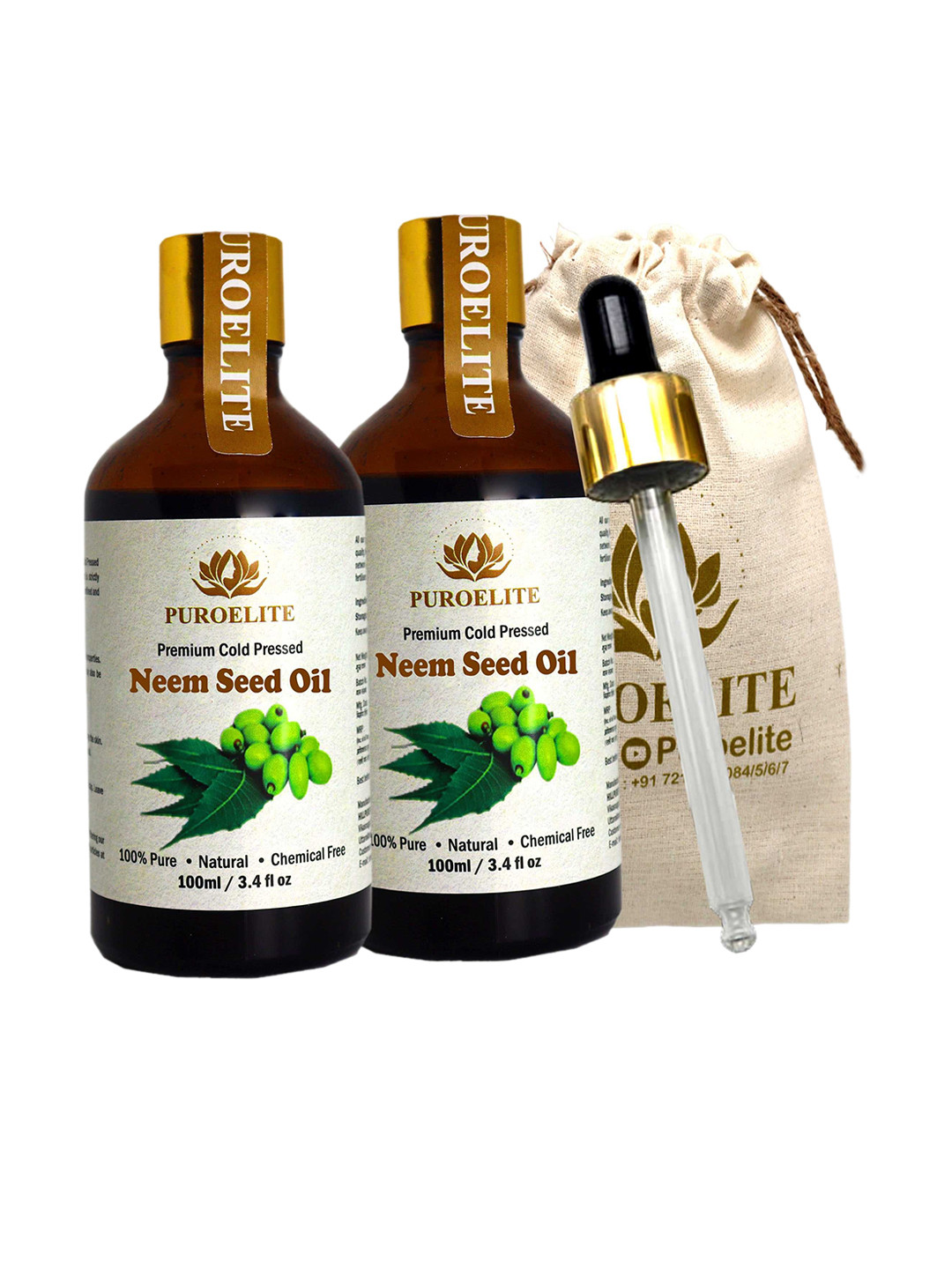 Puroelite Set Of 2 Cold Pressed Neem Seed Oil With Dropper For Hair & Skin - 100 ml Each