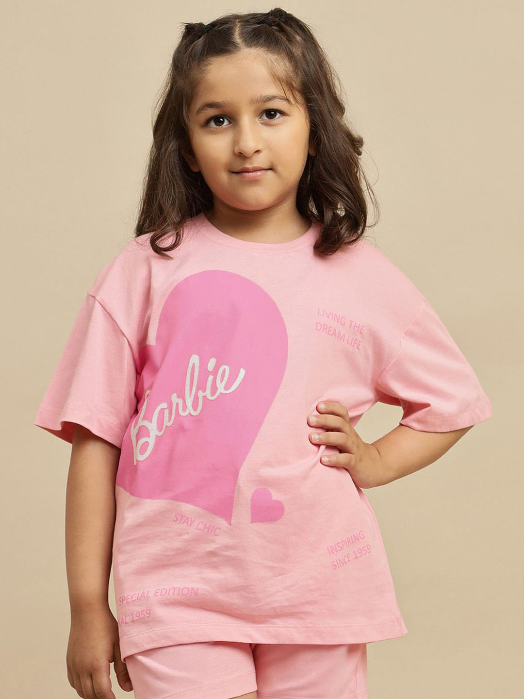 Kids Ville Girls Barbie Brand Logo Printed Round Neck Pure Cotton Oversized T-shirt