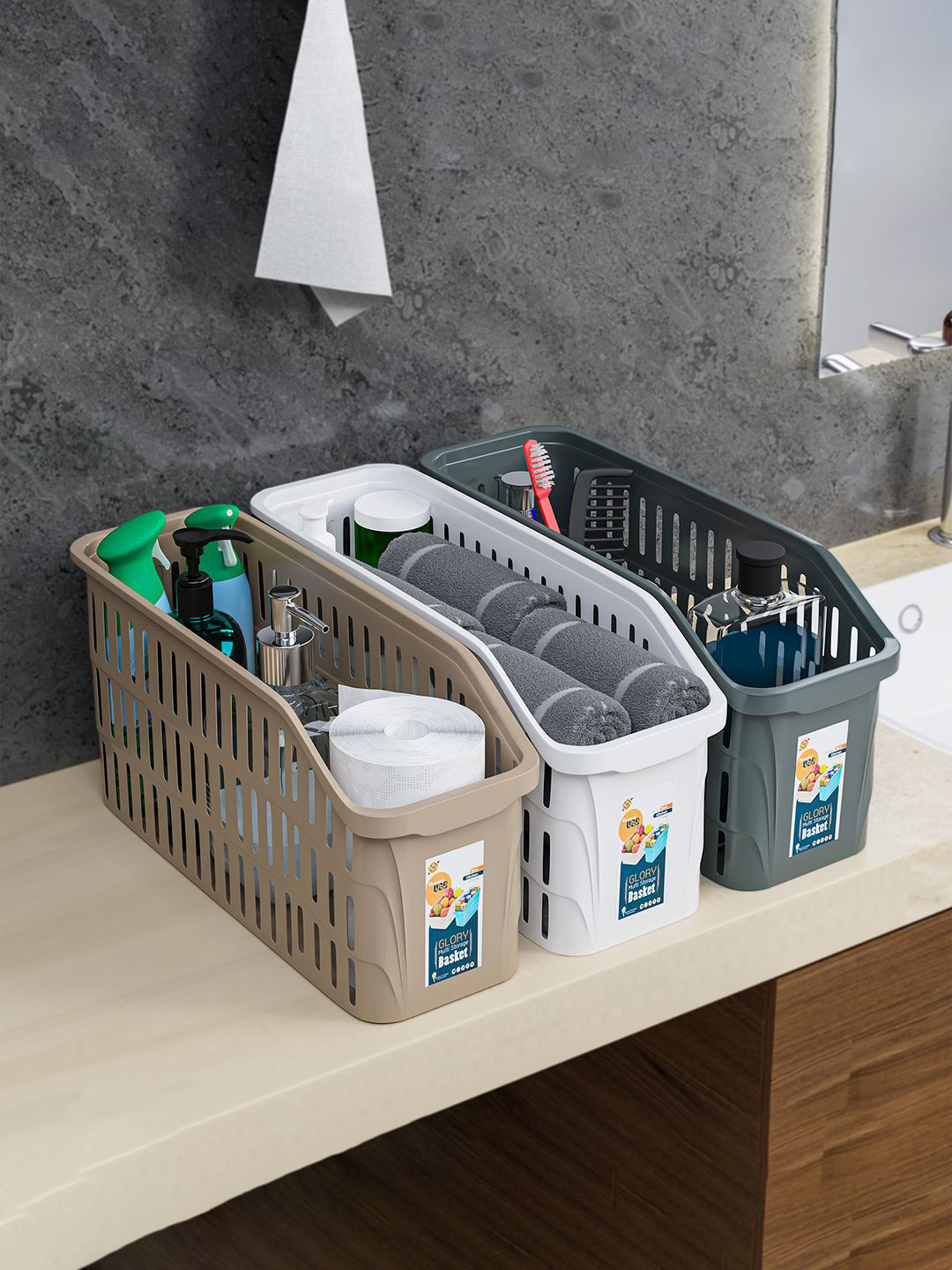 Kuber Industries 3 Pieces White & Grey Bathroom Basket Multi-Utility Organisers-4 L