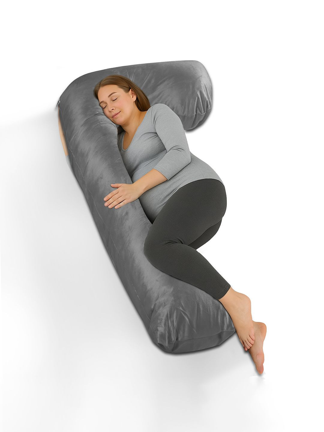 Kuber Industries Grey Microfiber L Shape Maternity Pillow