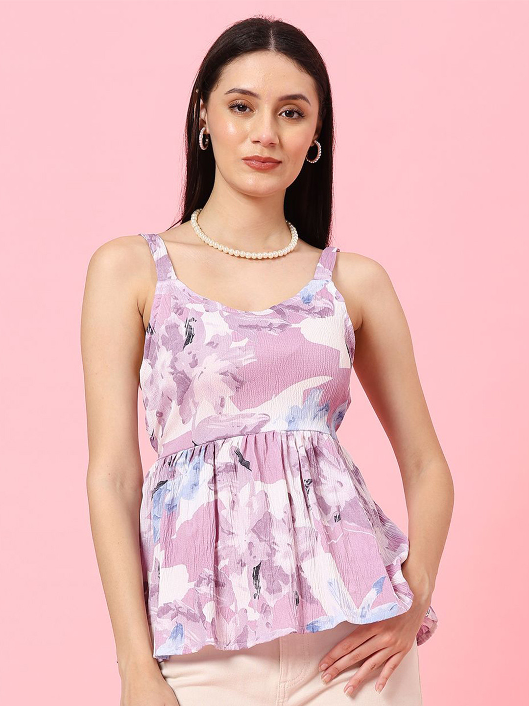 Lavender Abstract Print Sleeveless Peplum Top