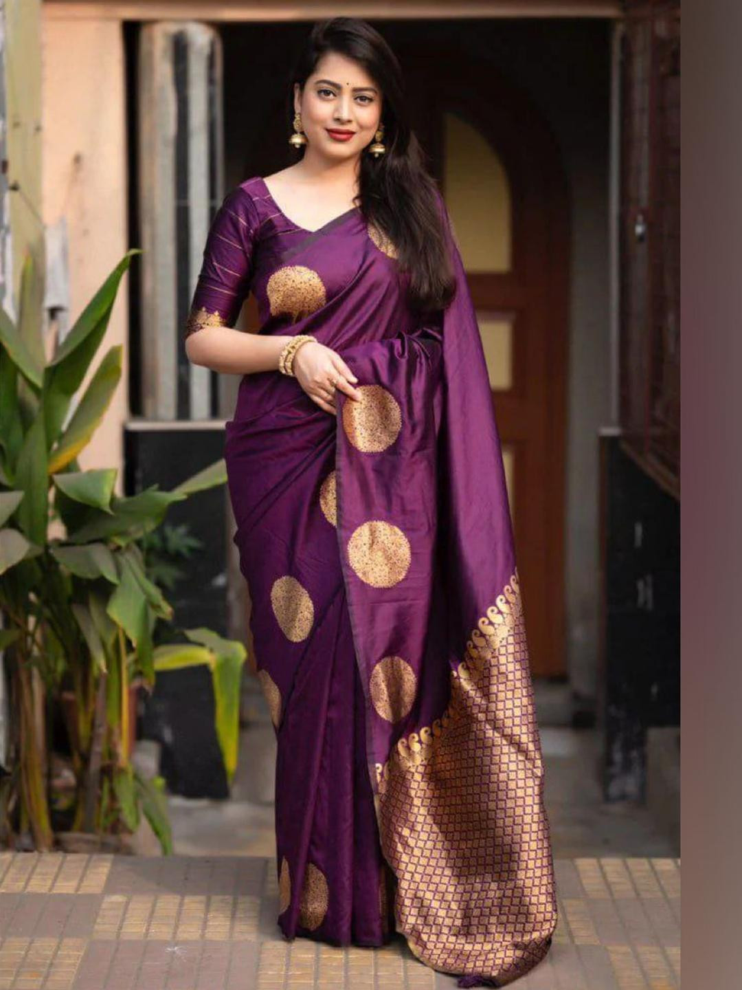 CaniBani Magenta Silk Blend Banarasi Sarees