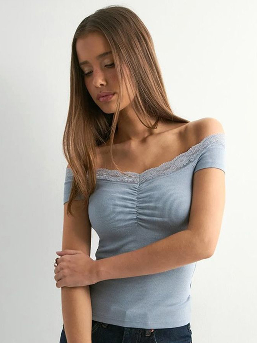 LULU & SKY Women Striped Off-Shoulder Lace Trim Detail Bardot Top
