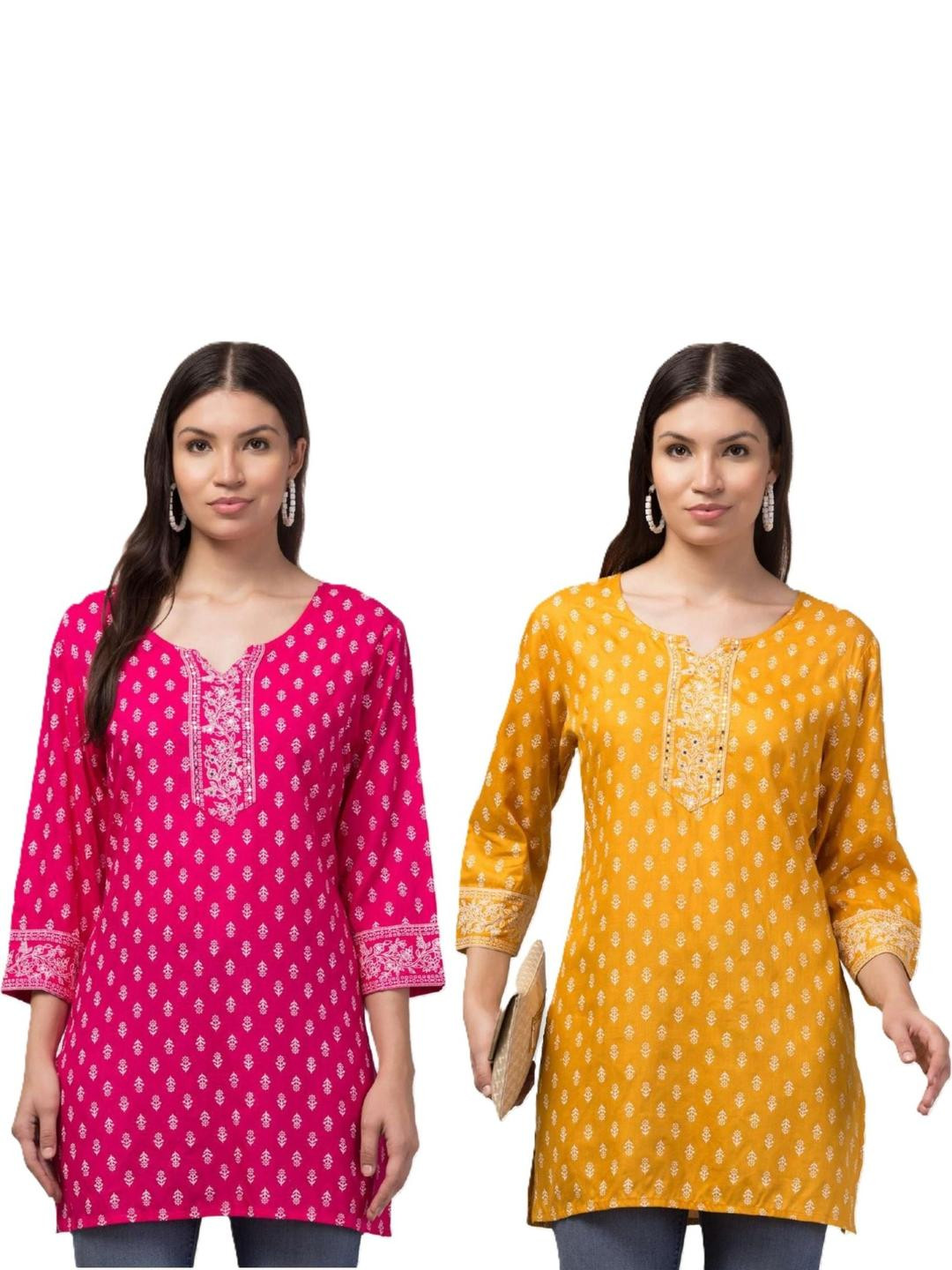 Aura Glam Combo Pack of 2 Women's Rayon Bootie Print Short Kurti (Rani&Mustard)
