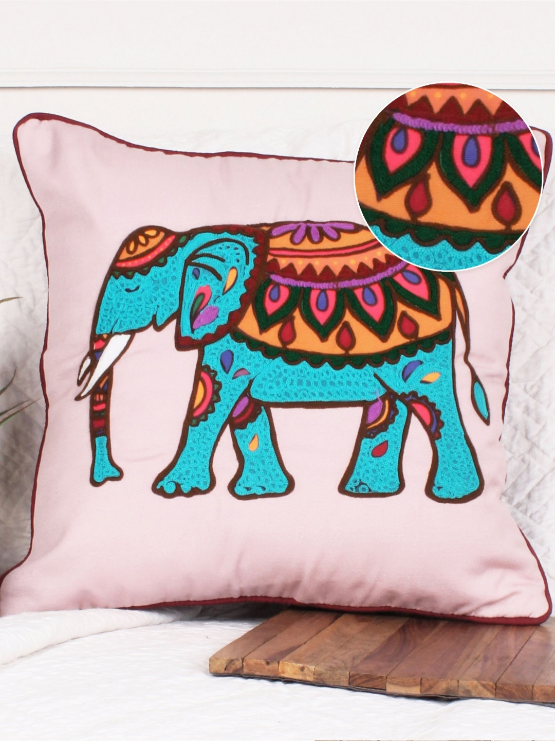 STITCHNEST Pink & Turquoise Cotton Canvas Cushion Cover