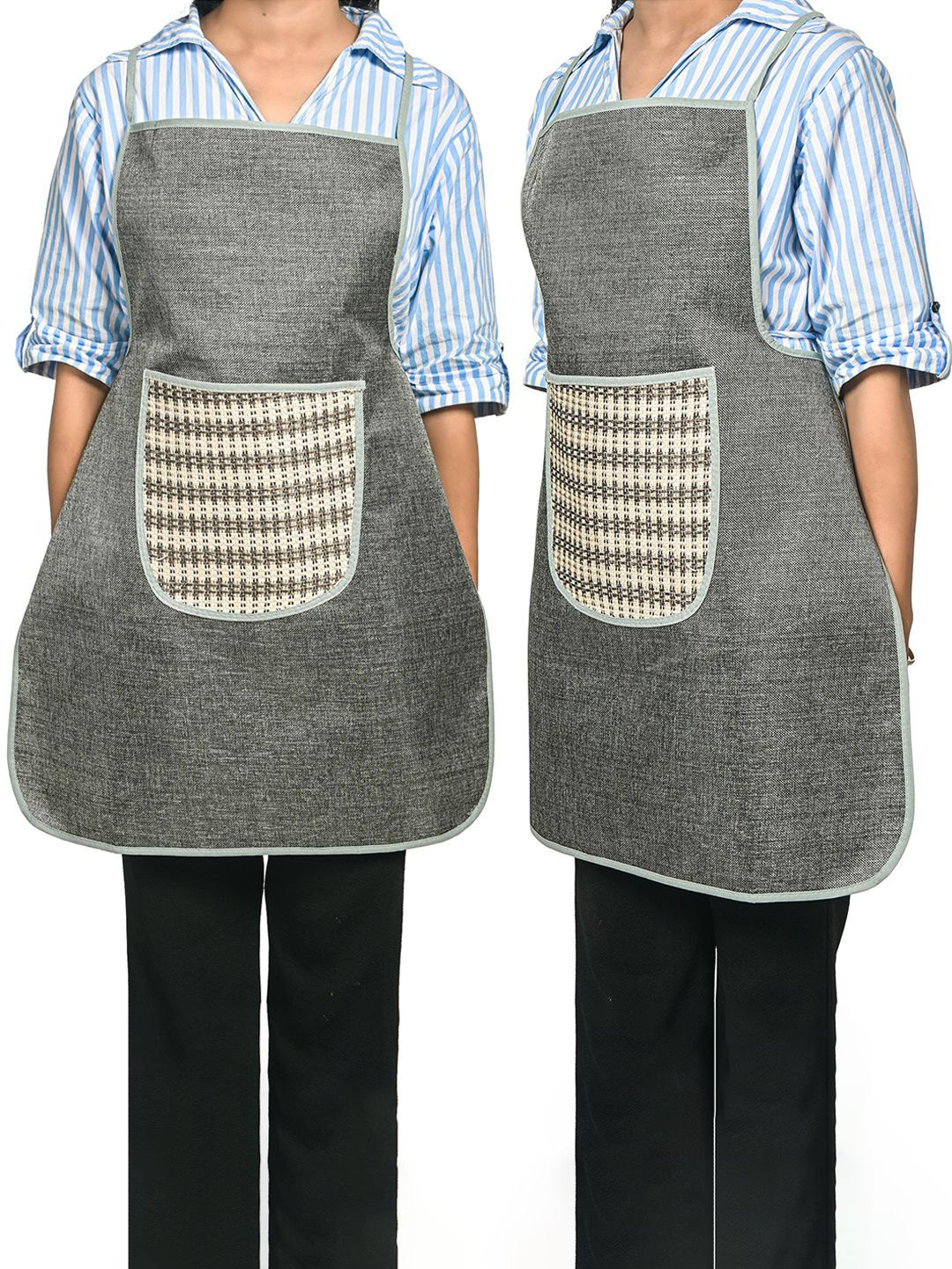 Kuber Industries Grey & Beige 2 Piece Jute Waterproof Aprons With Big Front Pocket