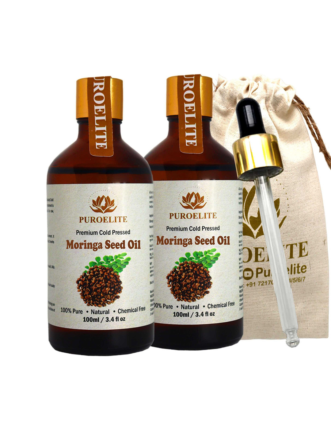 Puroelite Set Of 2 Cold Pressed Moringa Seed Oil With Dropper For Face & Body 100 ml Each