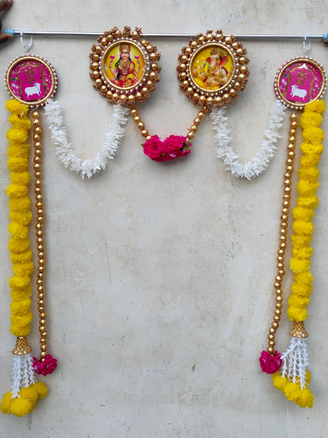 Nutts Bandhanwar 2Pc Yellow & Pink Lakshmi Ganesh Ji Marigold Heavy Hanging Garlands