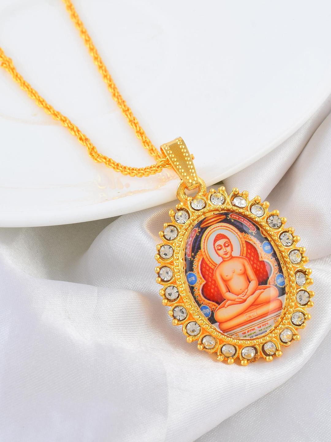 MEMOIR Gold Plated CZ Jain Mahavir Swami Pendant & Chain