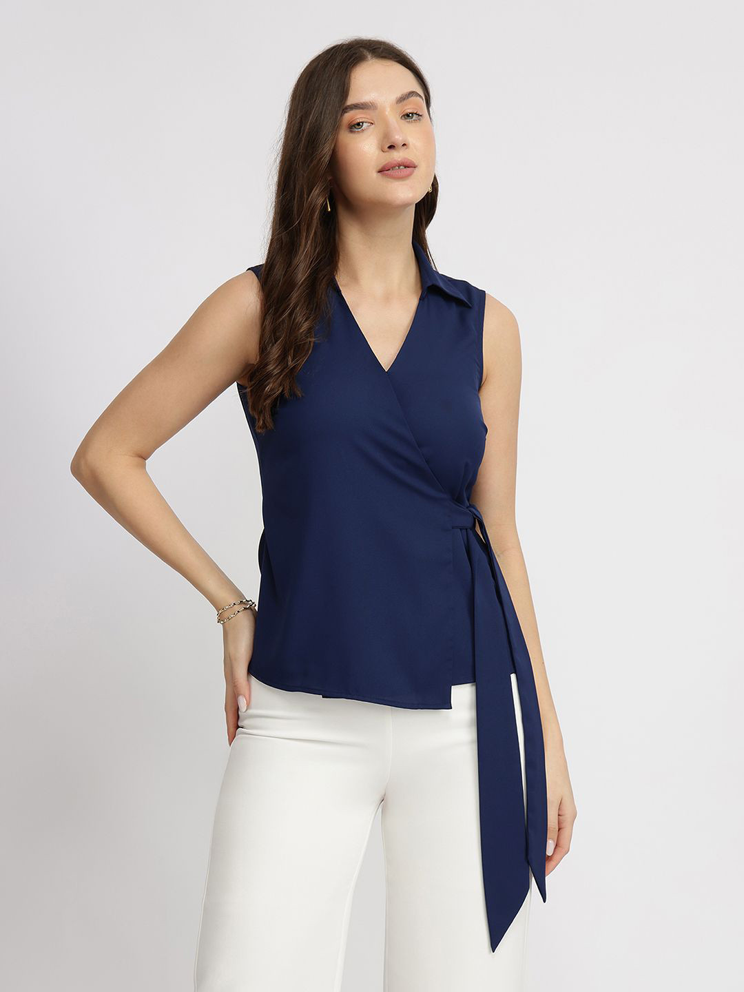 FableStreet Women Shirt Collar Wrap Top With tie-Up Detail