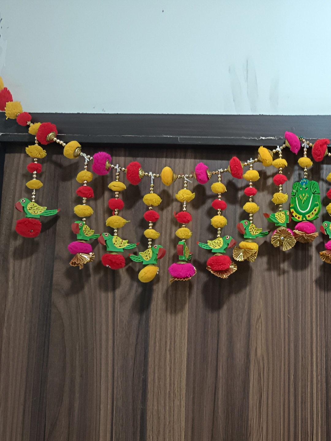 Nutts Pink & Yellow Wooden Ganesh With Parrot Bandhanwar Festive Decor