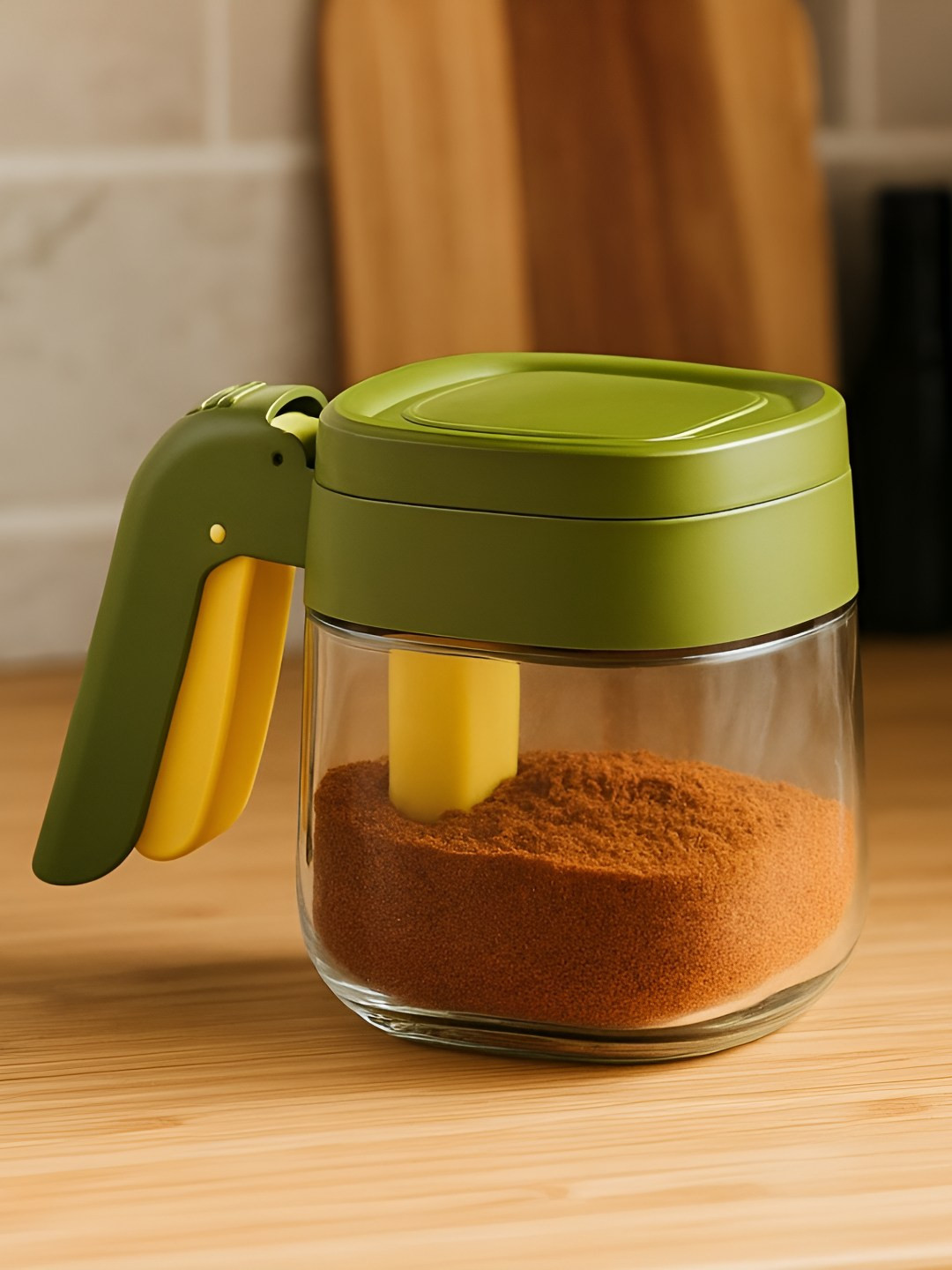 Baskety Green Glass Spice Jar With Plastic Spoon Airtight Lid Handle