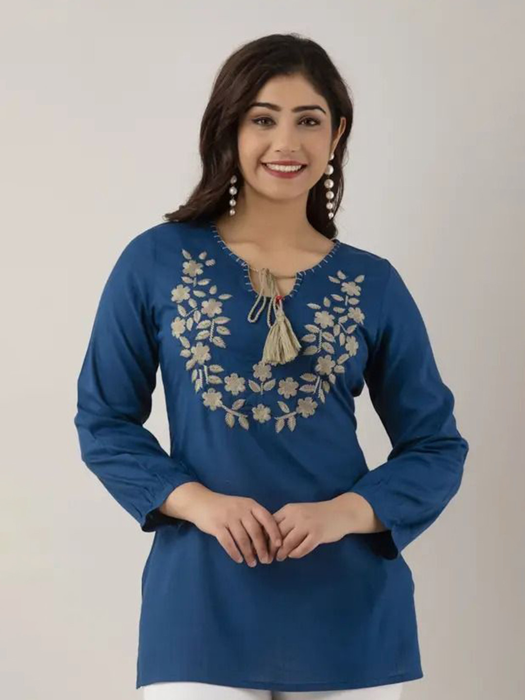 BLUE KART Women Floral Embroidered Tie-Up Neck Thread Work Short Kurti