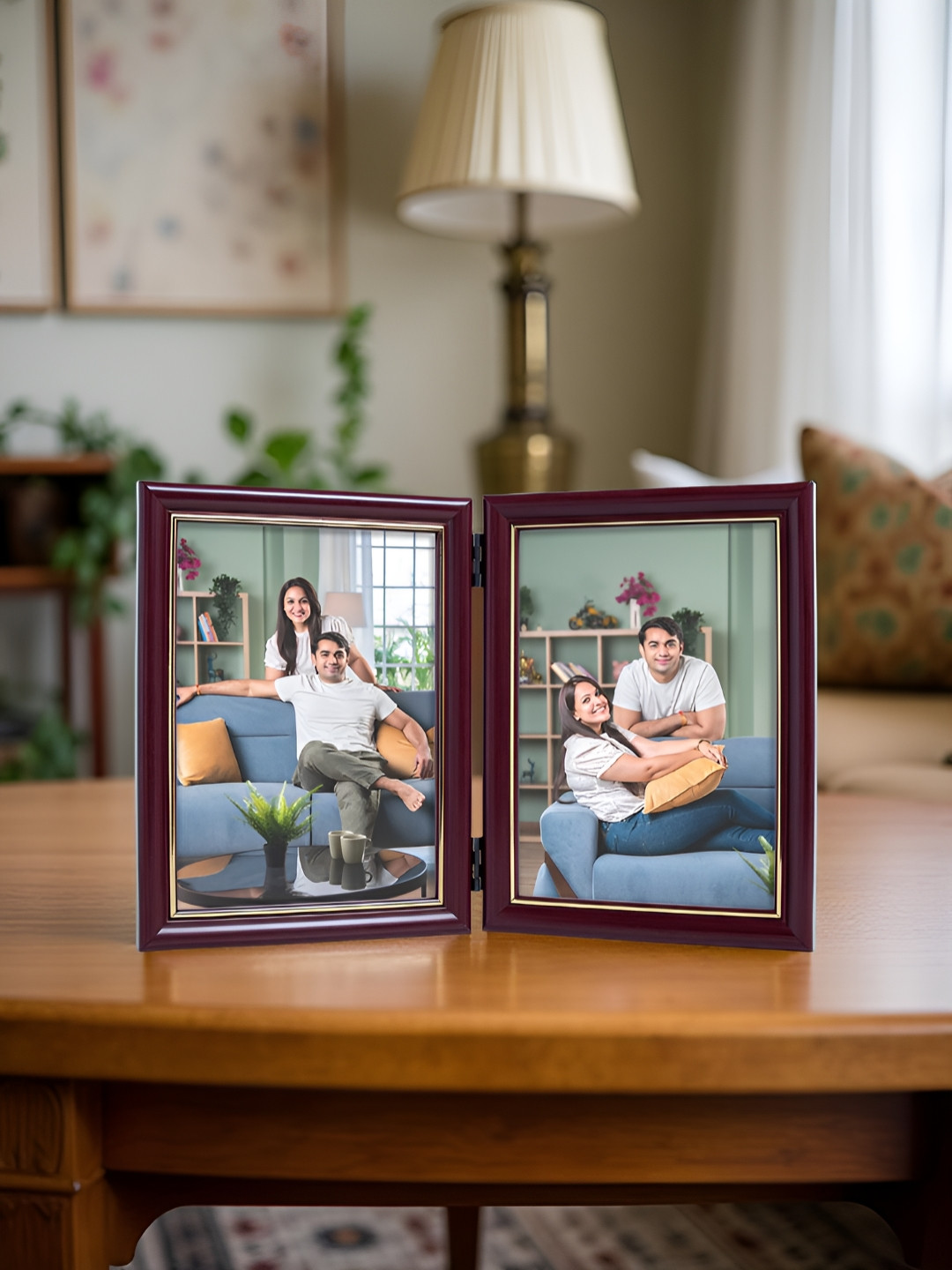 Golden Peacock Burgundy Foldable Table Photo Frame