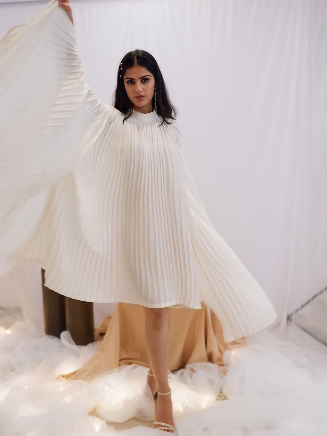 Freo Striped High Neck Flared Sleeves Sheath Dress