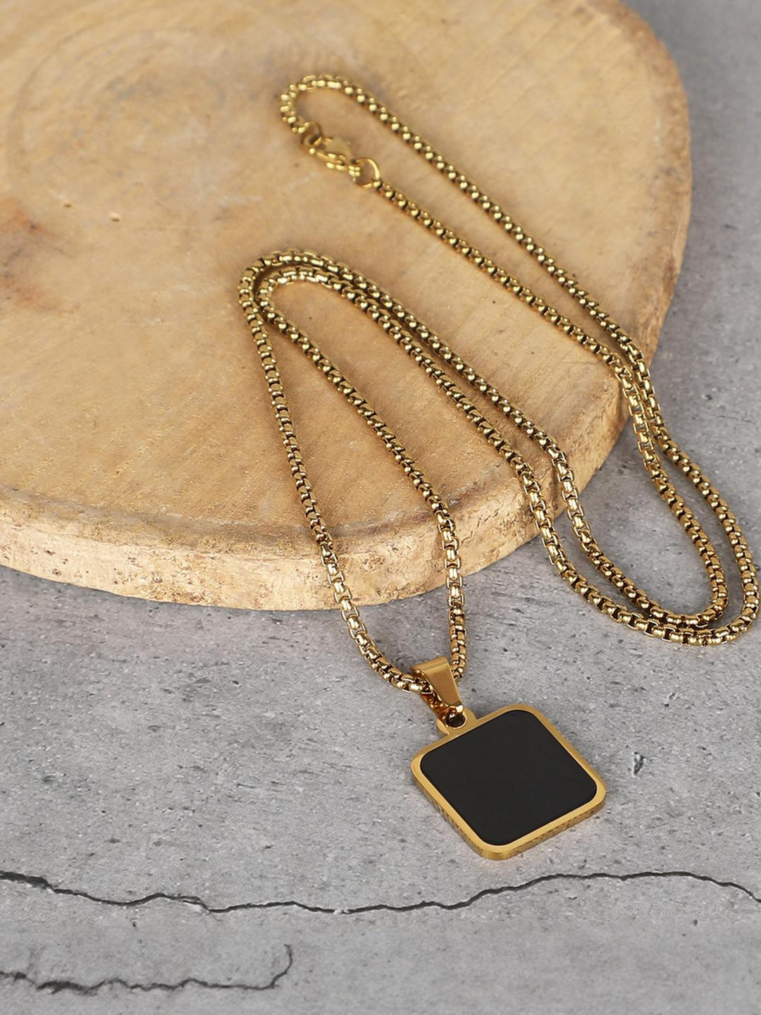 Fashion Frill Men Black Square Pendant & Chain