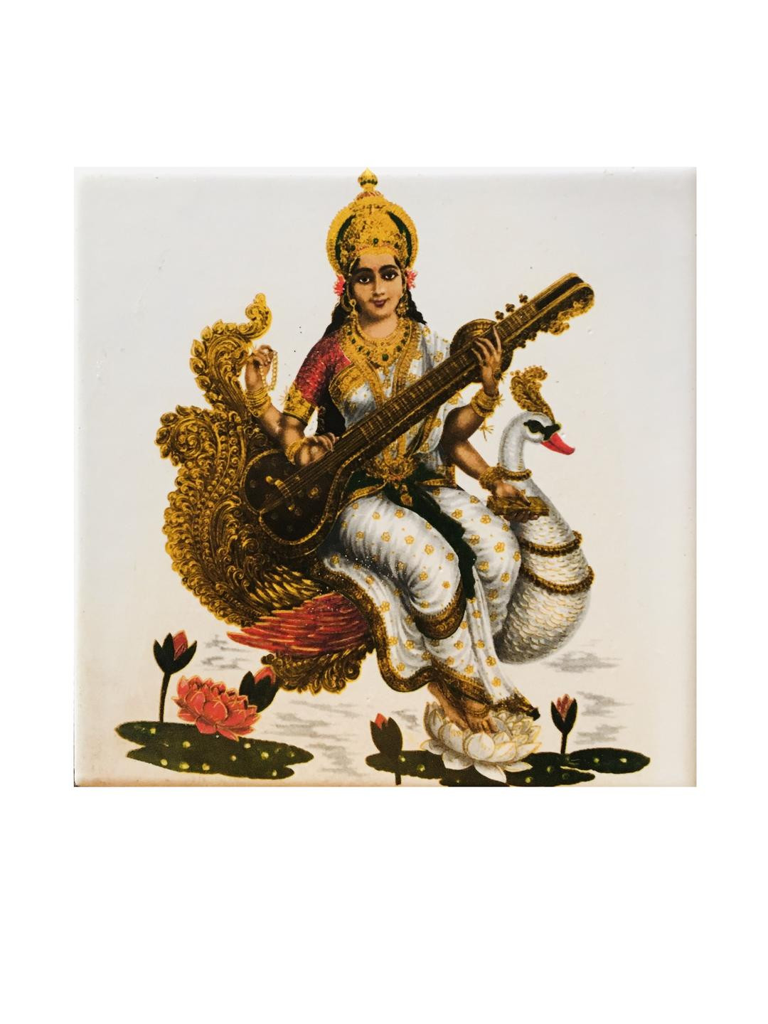 SHOP BY ROOM Devi Saraswati Ceramic Ethnic Motifs Glossy Spiritual Wall Decor-6In