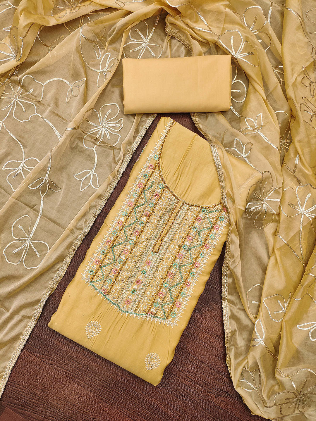 HERE&NOW Floral Embroidered Sequinned Roamn Cotton Unstitched Dress Material