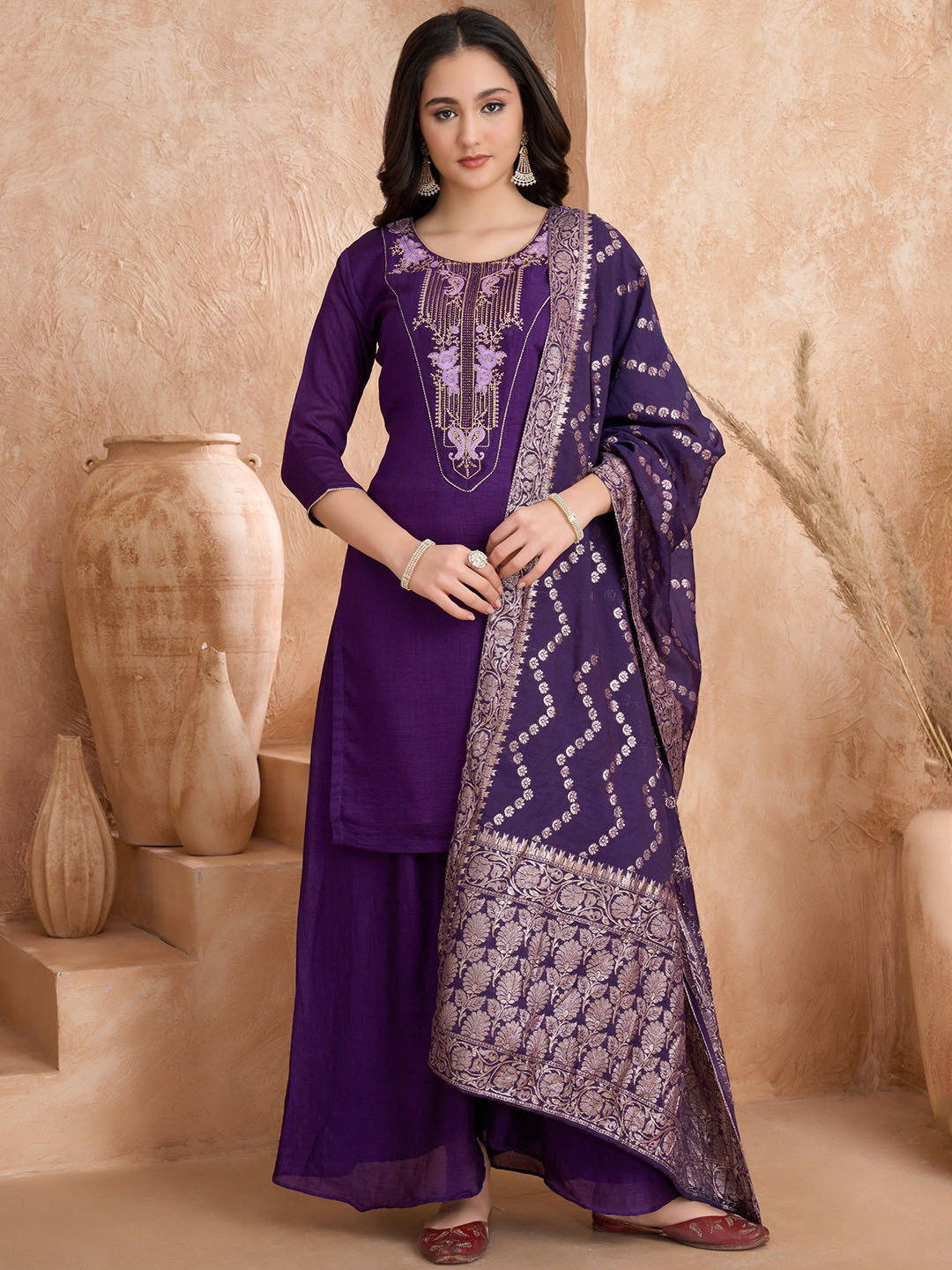 Aumira Floral Embroidered Thread Work Straight Kurti With Palazzos & Dupatta