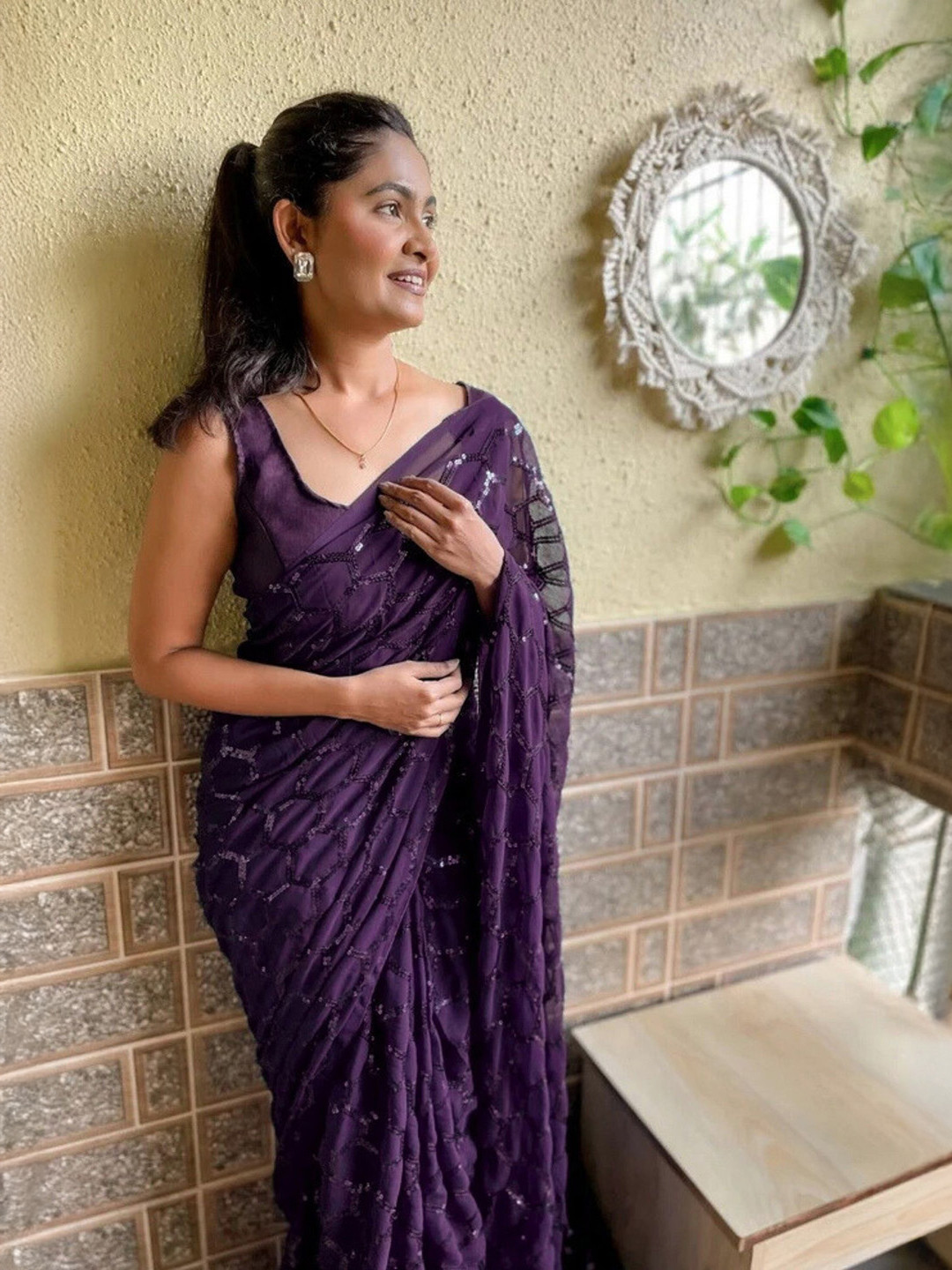 FashionsEye Embellished Sequinned Pure Georgette Saree